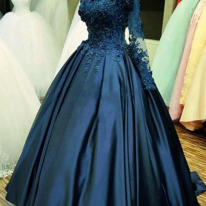 Long Sleeves Lace Appliques Satin Navy Blue Prom..