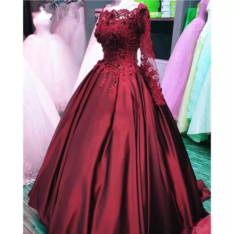 Long Sleeves Lace Appliques Satin Burgundy Prom Dresses, Formal Evening Gowns Sh8801