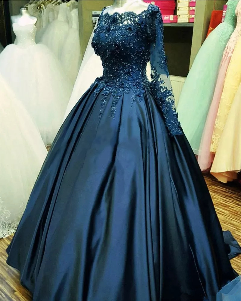 Long Sleeves Lace Appliques Satin Navy Blue Prom Dresses, Formal Evening Gowns Sh8802